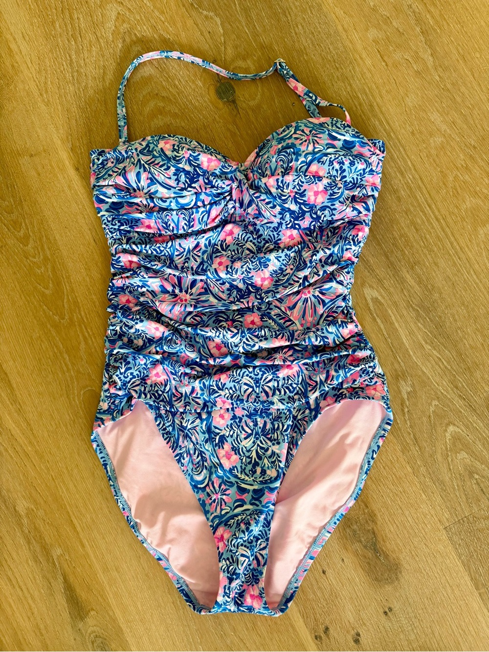 LILLY PULITZER Falmenco Bandeau Ruched One-Piece Swimsuit - Blue & Pink